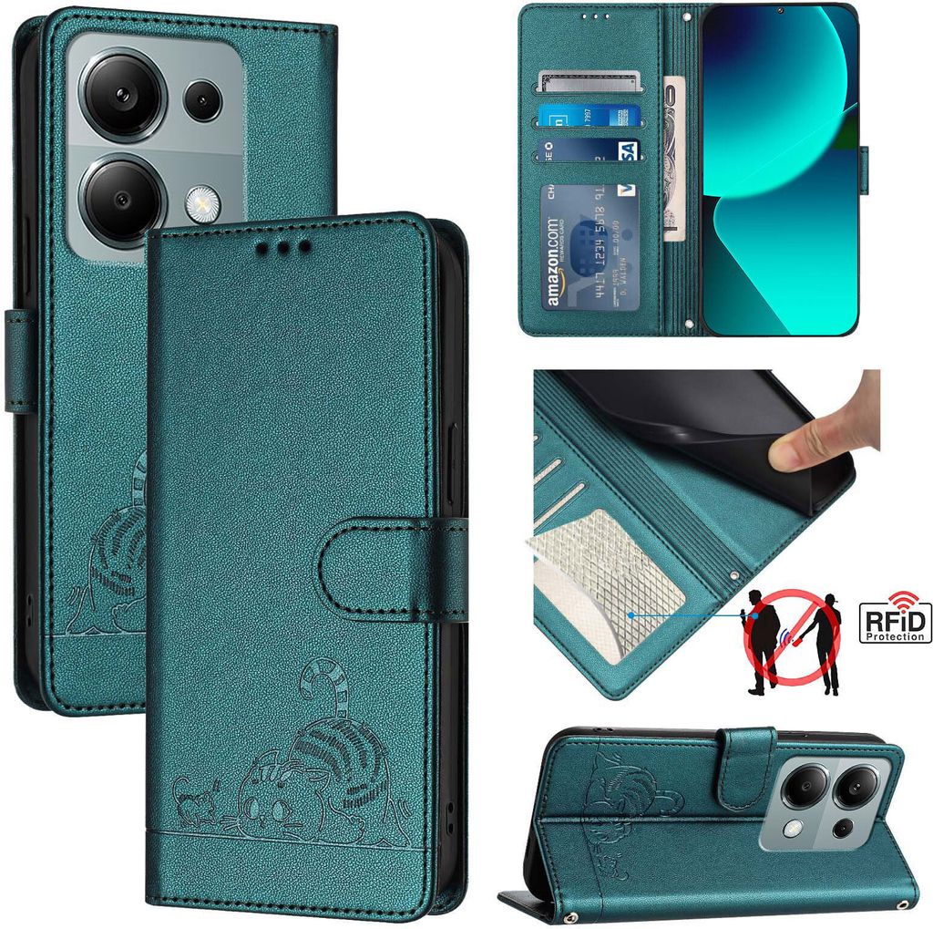 Leder Hülle für Xiaomi Poco M6 Pro 4G/Redmi Note 13 Pro 4G Süße Katze Flip Case Brieftasche Schutzhülle mit Standfunktion Grün