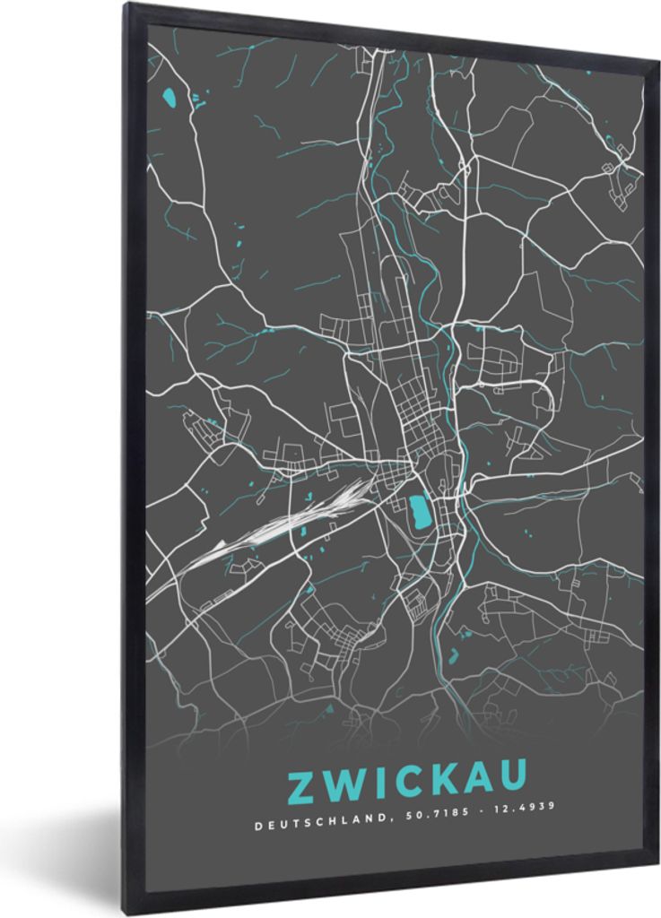 MuchoWow Gerahmtes Poster Deutschland - Blau - Zwickau - Stadtplan - Karte 20x30 cm - Poster mit Schwarzem Bilderrahmen Wandposter Rahmen Foto Bi...