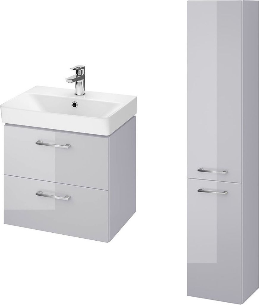 BADLAND Badmöbel Set LARA MILLE SLIM 50 Waschbecken-Unterschrank mit Hochschrank 150x30x25, 2-Türen, Grau