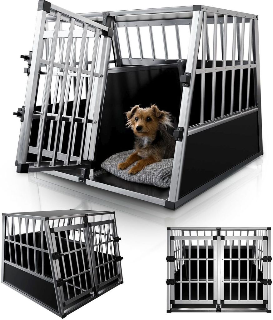 A collage of images showing a dog crate from different angles, with a dog inside one of the views.