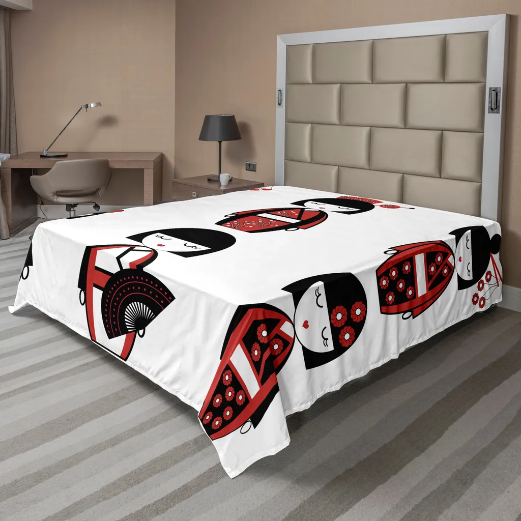 Drap de lit plat ABAKUHAUS ethnique Poupées Geishas 275x260 cm Noir et Rouge