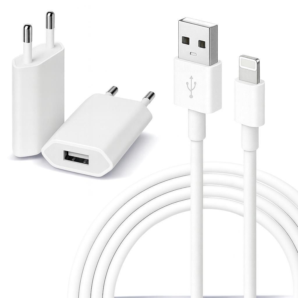 Schmaler USB-A Ladeadapter mit 2m Schnellladekabel – Universelles Handy Ladegerät für Apple iPhone 5 - 14 Pro Max Mini, iPad, iPod – Weiß
