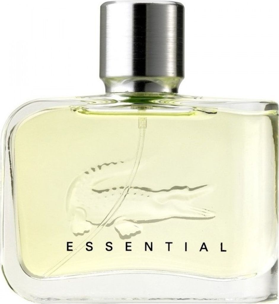 A clear, front-facing studio shot of a bottle of Lacoste Essential Eau de Toilette.