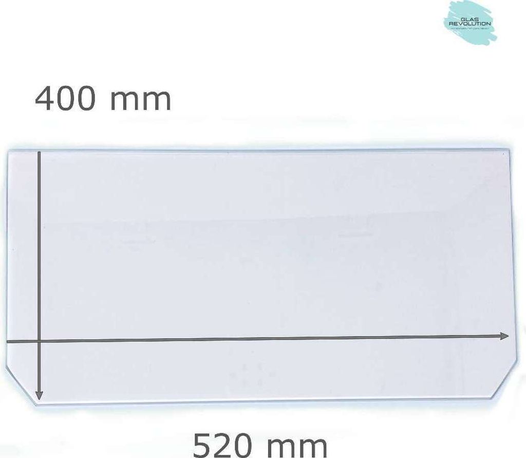 Kühlschrank Einlegeboden - Klarglas 4 mm - 2 abgeschrägte Ecken - 520 mm x 400 mm - (89,96 EUR / qm - Mindestbfl. 0,25 qm - Kantenb. 5,35 EUR / l...