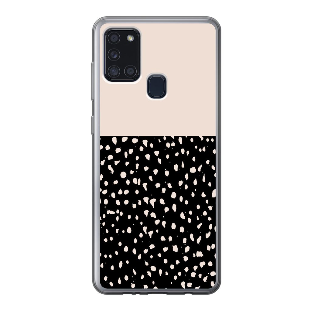 MuchoWow Handyhülle Schutzhülle Hülle für Samsung Galaxy A21s Polka dots - Beige - Schwarz Silikon Softcase Handy Hülle - Hartschale