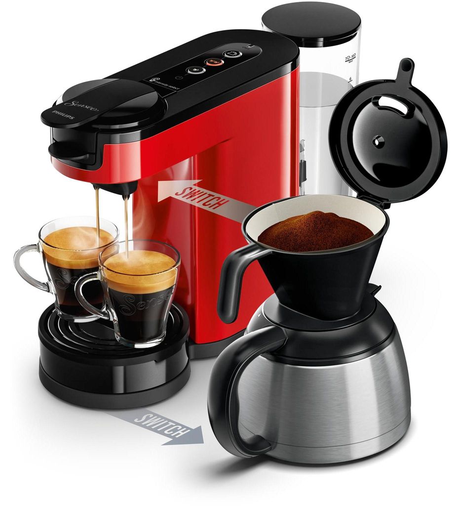 Philips Senseo Switch 2-in-1 Pad und Filter Kaffeemaschine mit Thermo Kanne + Intensitätsregler, Rot (HD6592/84)