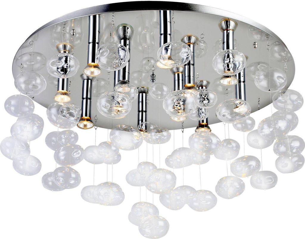 A close-up studio shot of a modern chrome and glass chandelier.