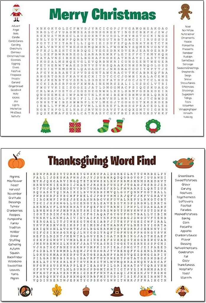 Riesiges Wortsuchrätsel-Poster für Thanksgiving/Weihnachten, 91 x 56 cm (36 x 22 Zoll), wiederverwendbares PVC-Wandspiel, ideal für Familienspaß