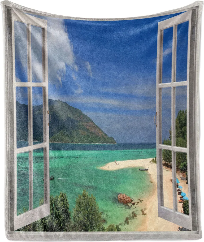 ABAKUHAUS Coperta in morbido pile di flanella, panorama tropicale con mare e montagne attraverso una finestra aperta, 175 x 230 cm, multicolore