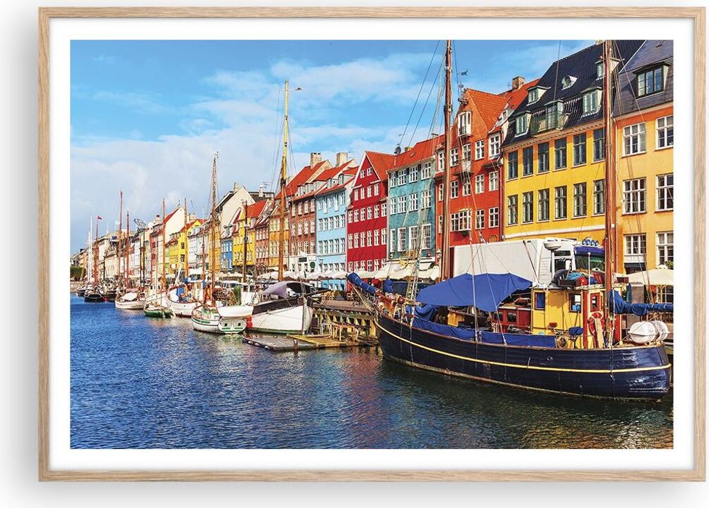 Gerahmtes Poster - Rahmen in heller Eiche - Kopenhagen Nahavn Schiffe - 100x70 cm - Wand Bild - Wanddeko - Wandbilder - Wandposter - Bilderrahmen -...