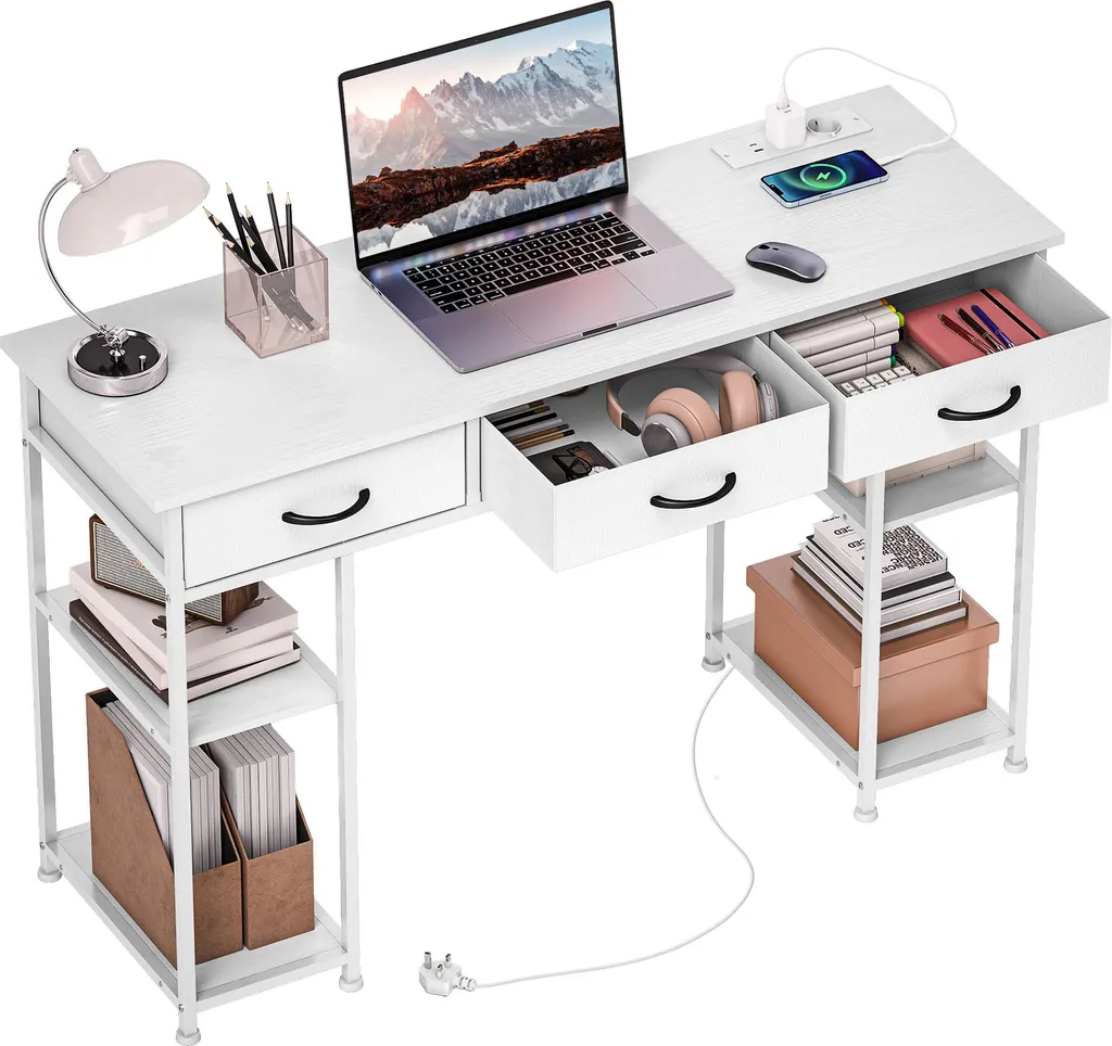 Bureau blanc 120cm avec 3 tiroirs et étagères réglables cadre en acier
