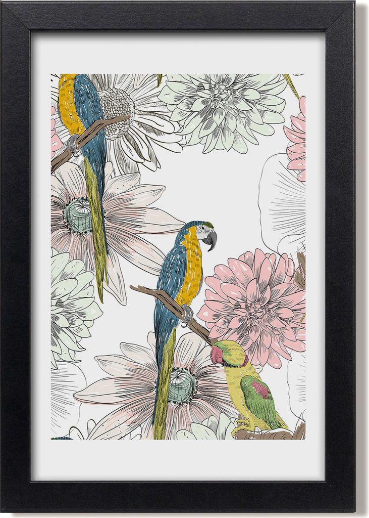 Bild 20x30 MDF-Rahmen, Wandkunst Papageien und Blumen