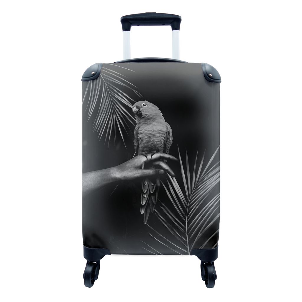 MuchoWow Koffer Handgepäck Trolley Rollkoffer Kleine Reisekoffer mit 4 Rollen - Vogel auf einer Hand und schwarzem Hintergrund - schwarz und wei...