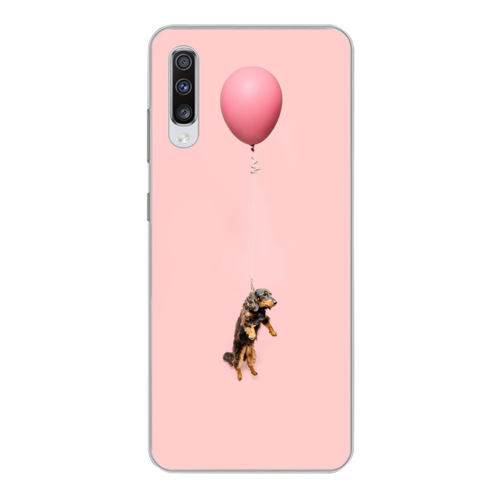 MuchoWow Handyhülle Schutzhülle Hülle für Samsung Galaxy A70 Dackel schwebt durch einen Ballon nach oben Silikon Softcase Handy Hülle - Schu...