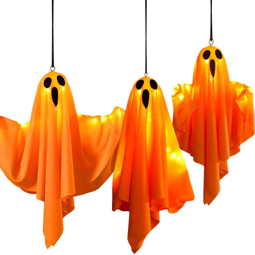 3er Set Halloween Deko Outdoor, 50cm Hängende Geister Windsack Mit Lichterketten, LED Scream Fliegende Geist Halloween Patio Rasen Garten Party Dekor