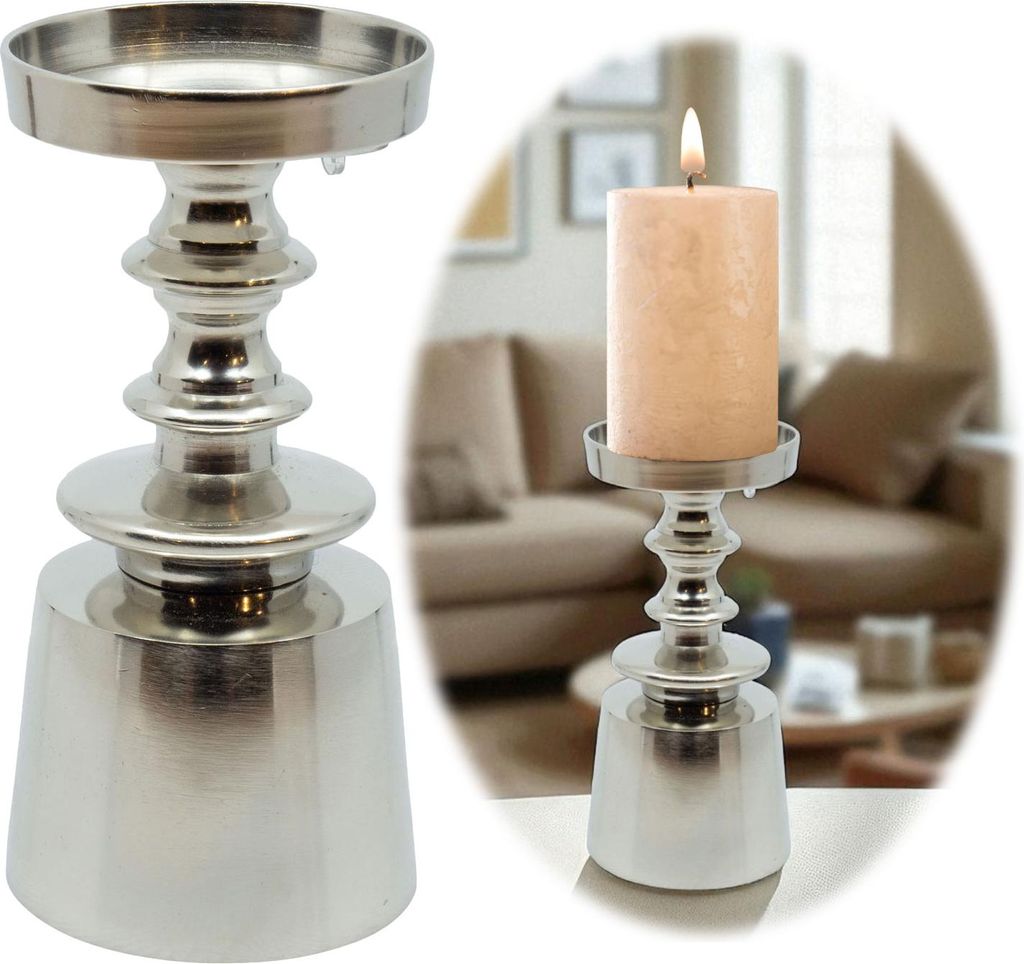 LS-LebenStil Alu Kerzenständer Dehli Retro Silber 18cm für Stumpenkerzen Kerzenhalter Kerzenleuchter Antik Tisch-Deko Hochzeit Weihnachten Geburt...