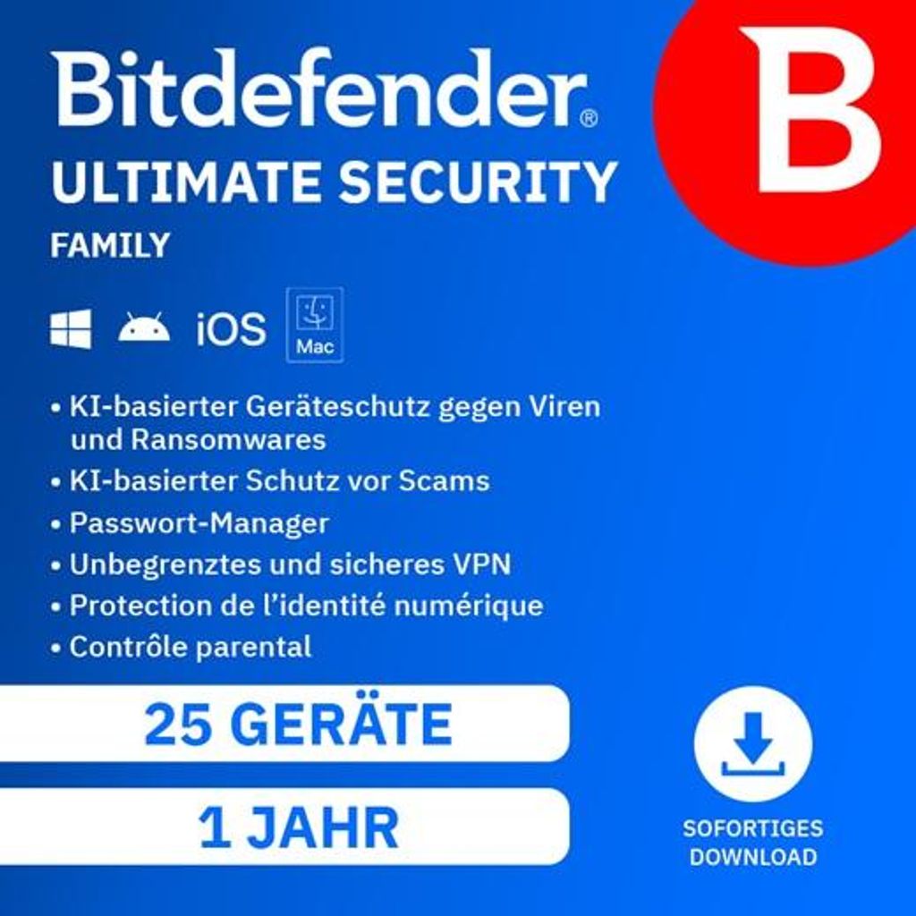 Bitdefender Ultimate Security Family / 25 Geräte / 1 Jahr / Lizenz per E-Mail