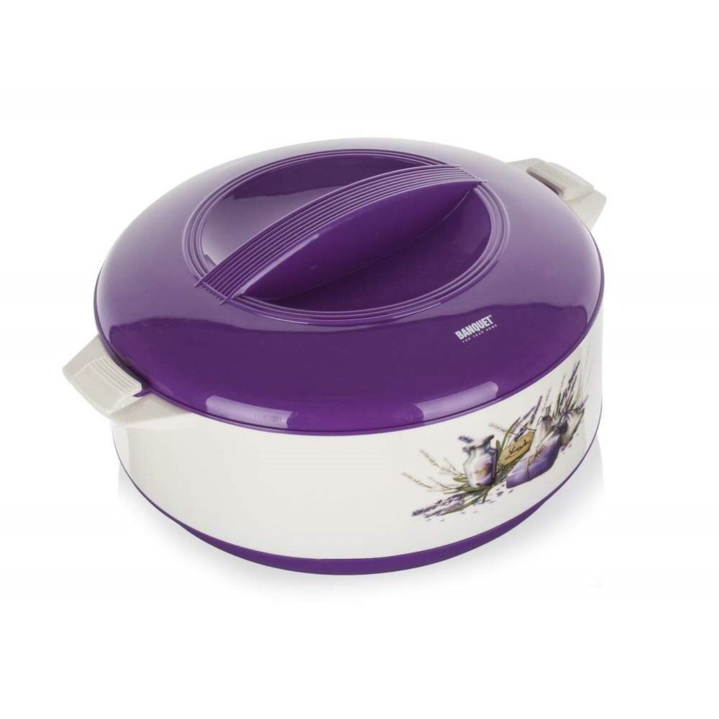 A purple and white insulated food container with a floral design.