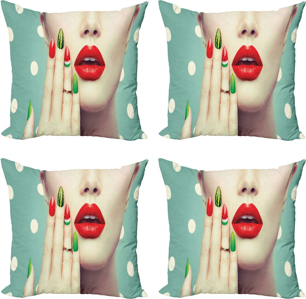 ABAKUHAUS Lippen Kissenbezug Set (4 Stück), Watermelon Nail Art und Make-up, Moderner Doppelseitiger Digitaldruck, 45 cm x 45 cm, Mehrfarbig