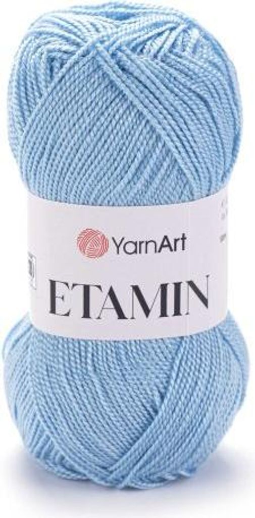 A ball of light blue yarn with a label.