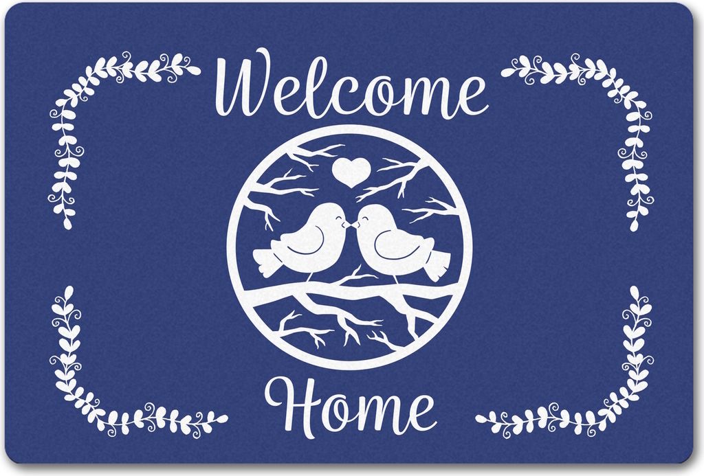 Welcome Home Fußmatte in 40x60 cm ohne Rand mit niedlichen Vögeln in blau