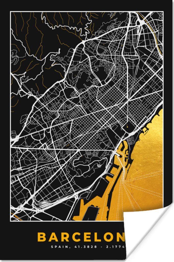 MuchoWow Poster Barcelona - Stadtplan - Gold - Karte 60x90 cm - Wanddekoration