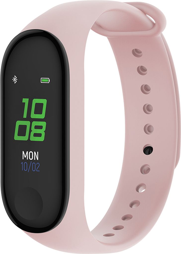 A pink fitness tracker with a black screen displaying the time and date.