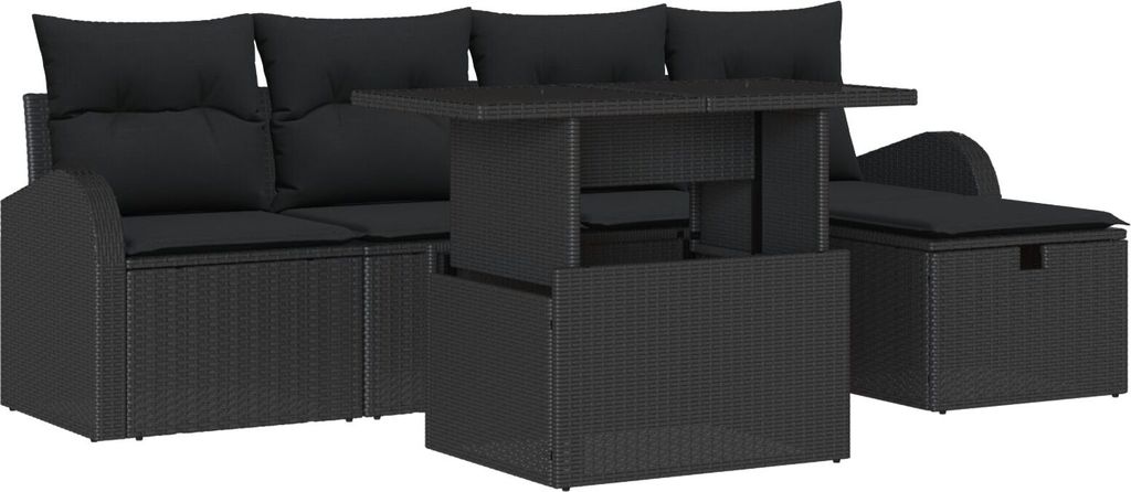 6-teiliges Garten Sofaset mit Kissen Schwarz Poly Rattan, 2-Sitzer Garten Sofa mit Stauraum & Kissen Schwarz Poly Rattan, Gartensofas DesignMöbel Neu