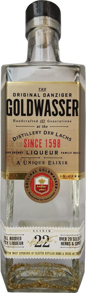 A clear, well-lit product shot of a bottle of Danziger Goldwasser liqueur.