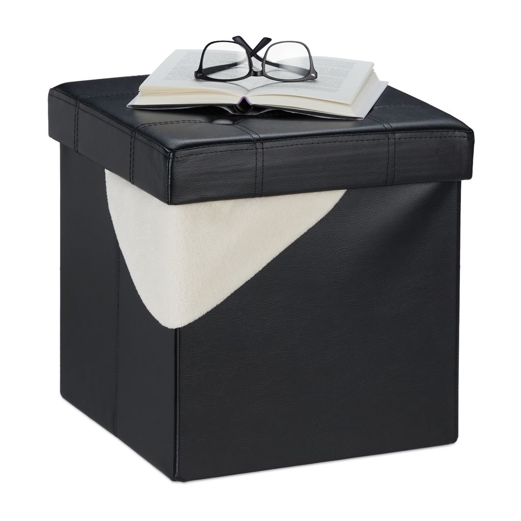 Relaxdays Sitzhocker mit Stauraum, faltbar, gepolstert, Kunstleder, 40 l, Sitzwürfel HxBxT 38 x 37 x 37 cm, schwarz