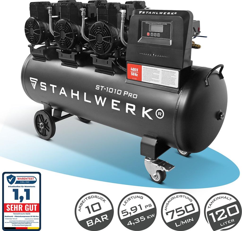 STAHLWERK Kompressor mit 120 L Tank (ST-1010 Pro) – ölfrei, Produktbild 