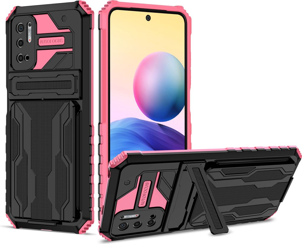 Redmi Note 10 5G Hülle, Hybrid Robust Schutz Stoßfest Schutzhülle mit Kartenhalter Ständer für Xiaomi Redmi Note 10 5G Rosa