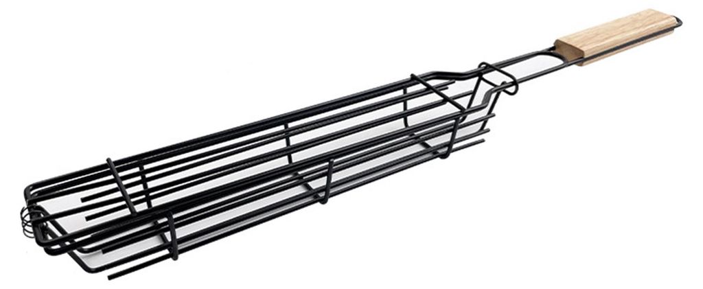 Grillkorb aus Edelstahl mit Holzgriff, antihaftbeschichtet, ideal zum Braten von Würstchen, multifunktionales Grillutensil für Outdoor-Camping