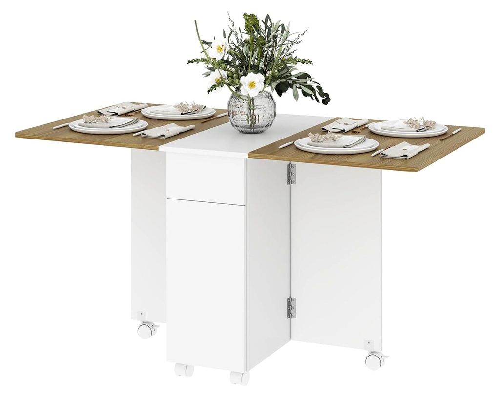 Klappbarer Esstisch mit Rollen, Küchentisch für 6 Personen, 2 Klappen, 2 Schubladen und 2 Schränken, für kleine Räume, 140 x 76 x 74 cm, Weiß...