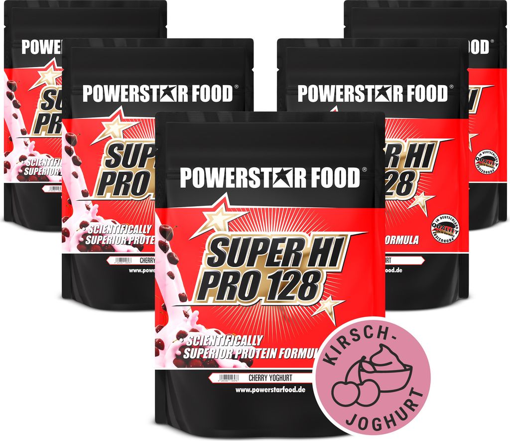 Powerstar SUPER HI PRO 128 | Mehrkomponenten Protein-Pulver 5x1kg | Höchste Biologische Wertigkeit | Protein-Shake zum Muskelaufbau | Cherry-Yoghurt