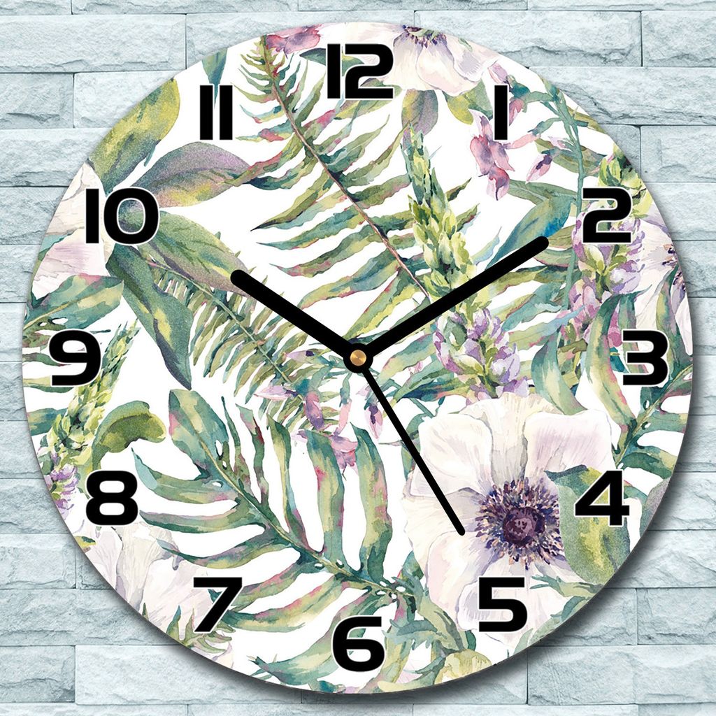 Wanduhr aus Glas Rund fi 30 Blumen und Blätter Quarz Deko Wohnzimmer Büro