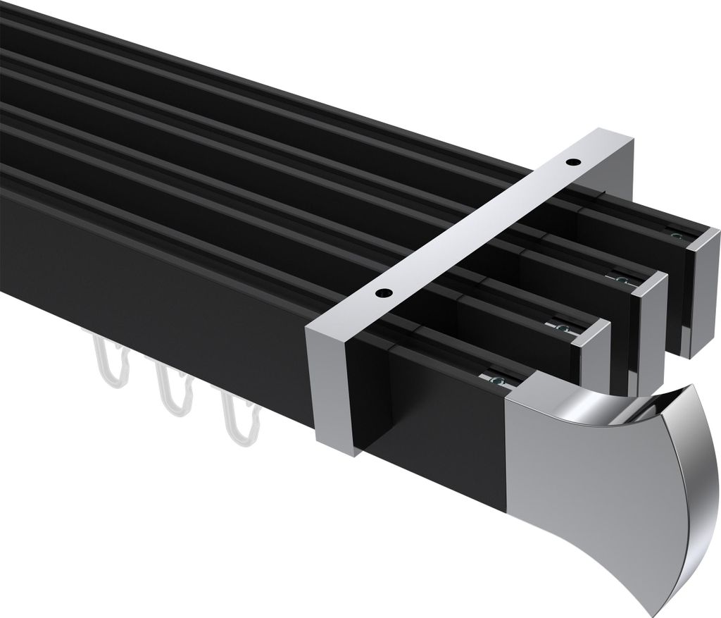 Interdeco Innenlaufstange / Gardinenstange mit Innenlauf Schwarz / Chrom, Typ Smartline Conex (Rundung), 14x35 mm 4-läufig, 220 cm