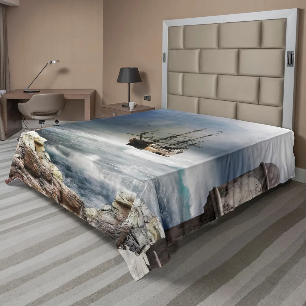 Drap de lit décoratif voilier pirate, tissu doux beige et mauve 260x228