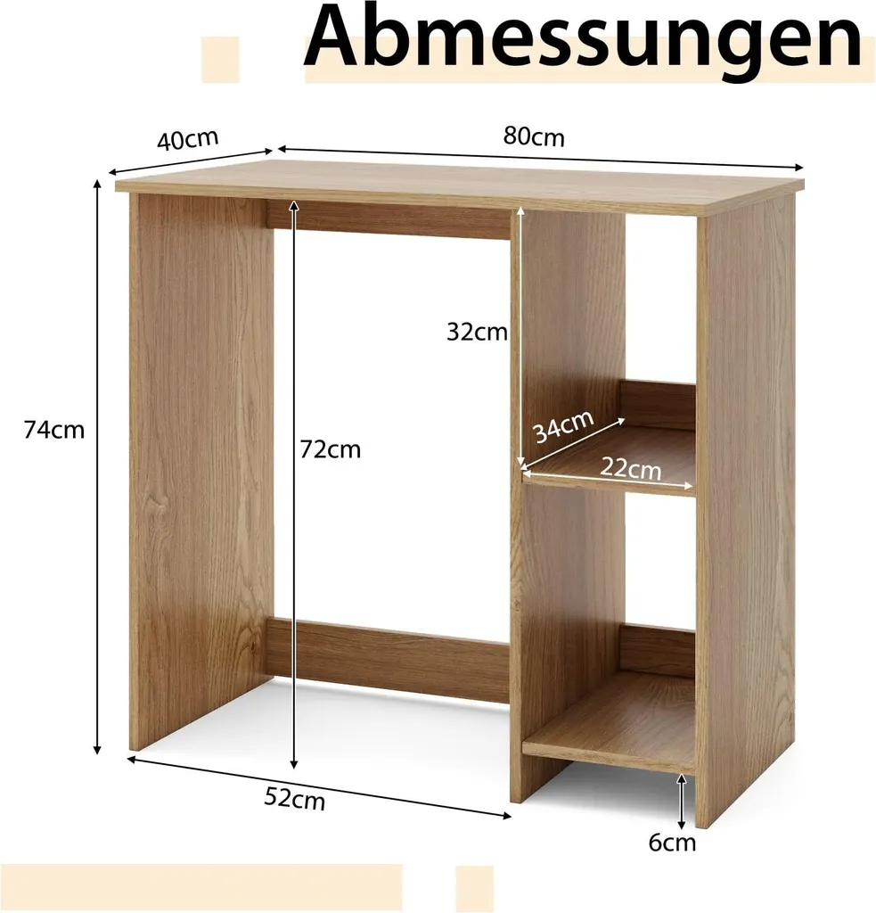 Bureau Compact Bois Naturel 80x40 cm avec 2 Étagères de Rangement