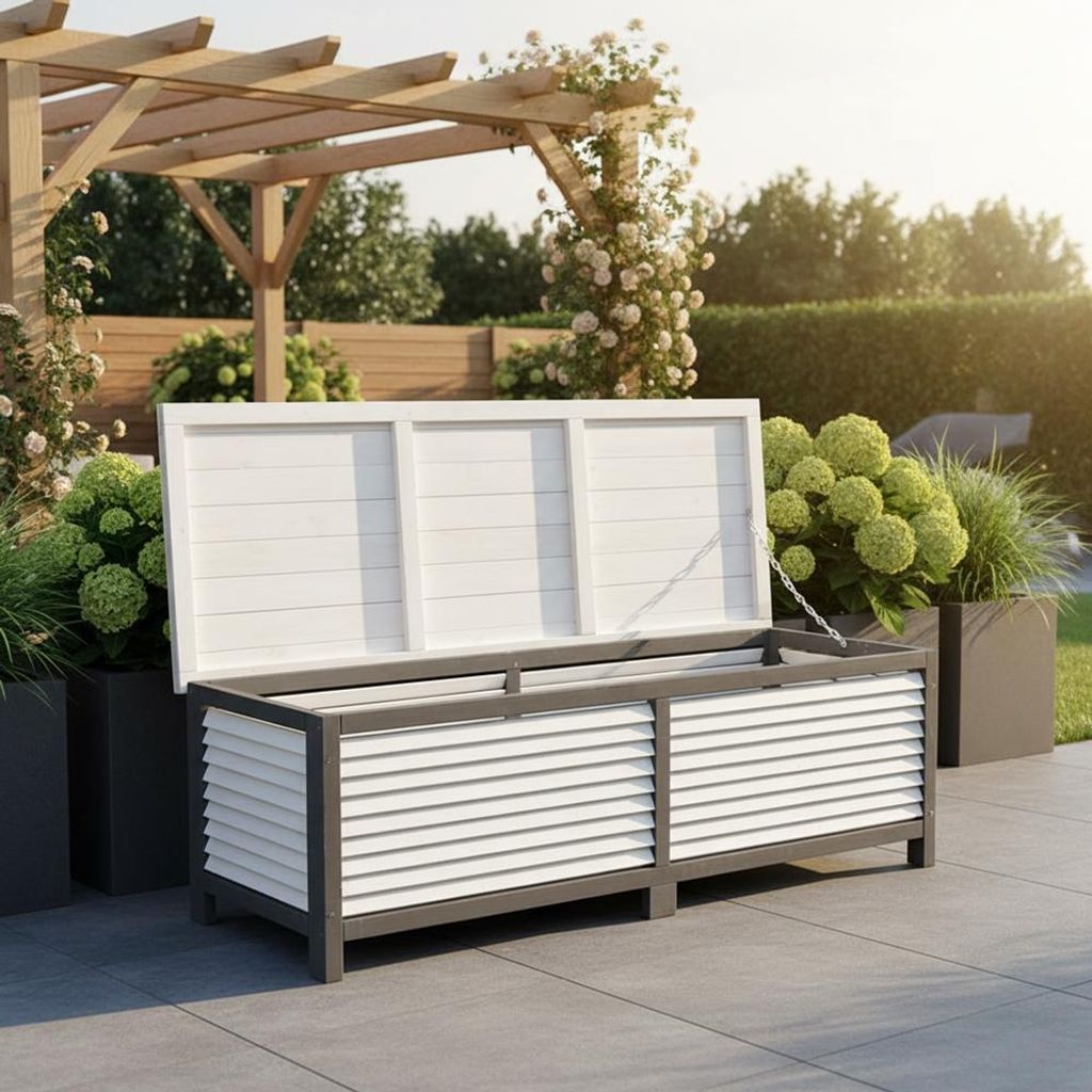 Gartentruhe Holz Grau Kissenbox Auflagenkiste Aufbewahrung Terrasse Outdoormöbel