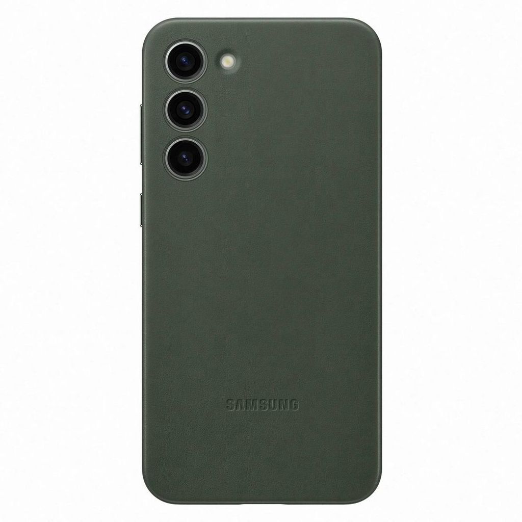 The back of a dark green Samsung phone case with a camera cutout and the Samsung logo embossed on it.