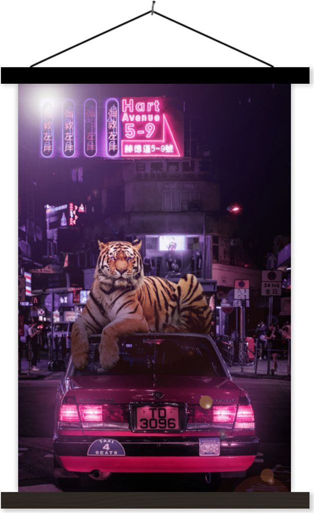 MuchoWow Textilposter Tiger - Taxi - Stadt 120x180 cm mit schwarzem Rahmen - Fotos
