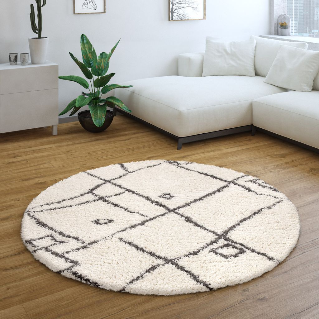Teppich Rund Wohnzimmer Hochflor Shaggy Skandinavisch Flauschig Modern Grösse 200 cm Rund
