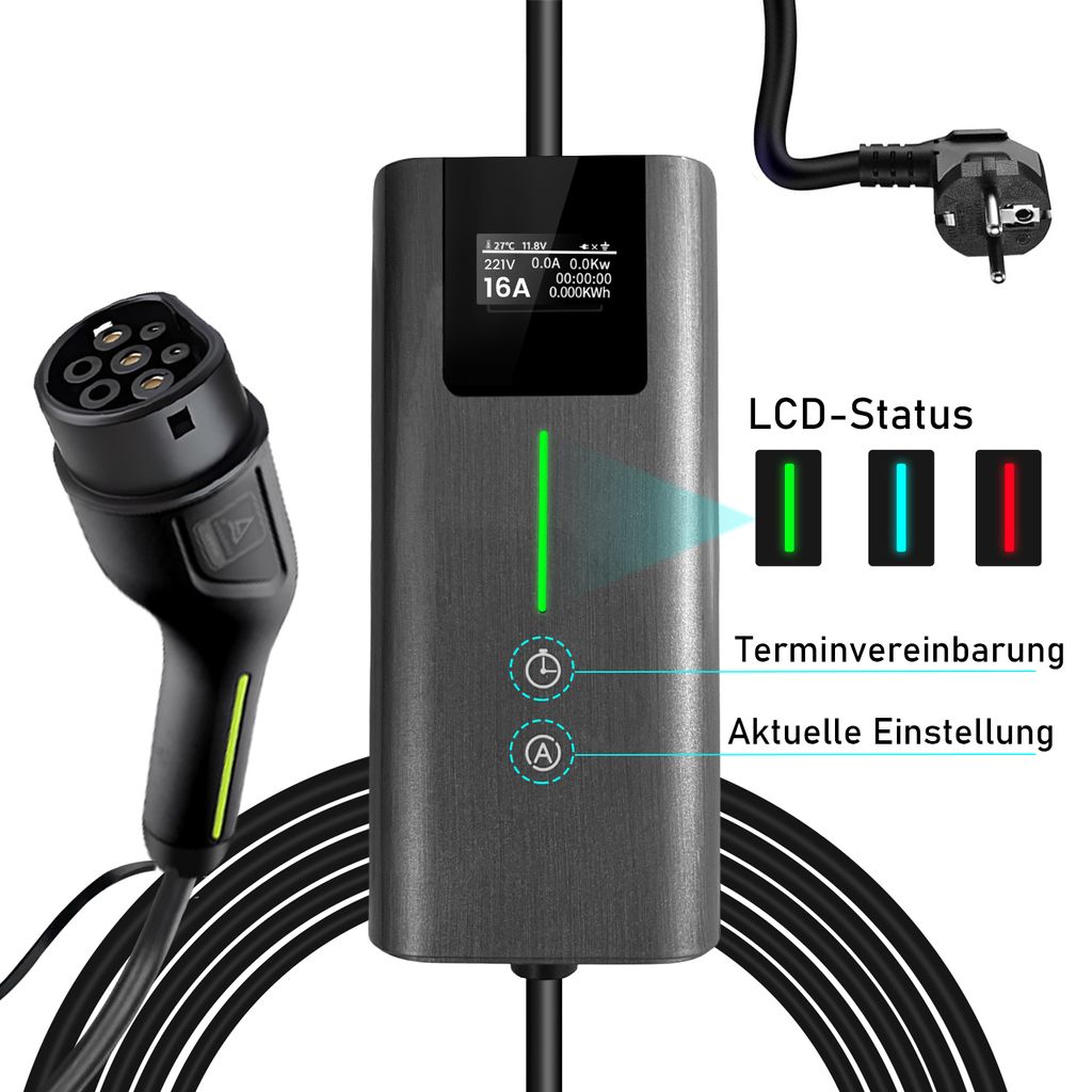JUNSUN Typ 2 Ladekabel Schuko 3,5kW[1-phasig, 5m, 6-16A], EV Ladegerät mit Steuerbarer Digitalanzeige für Elektroauto