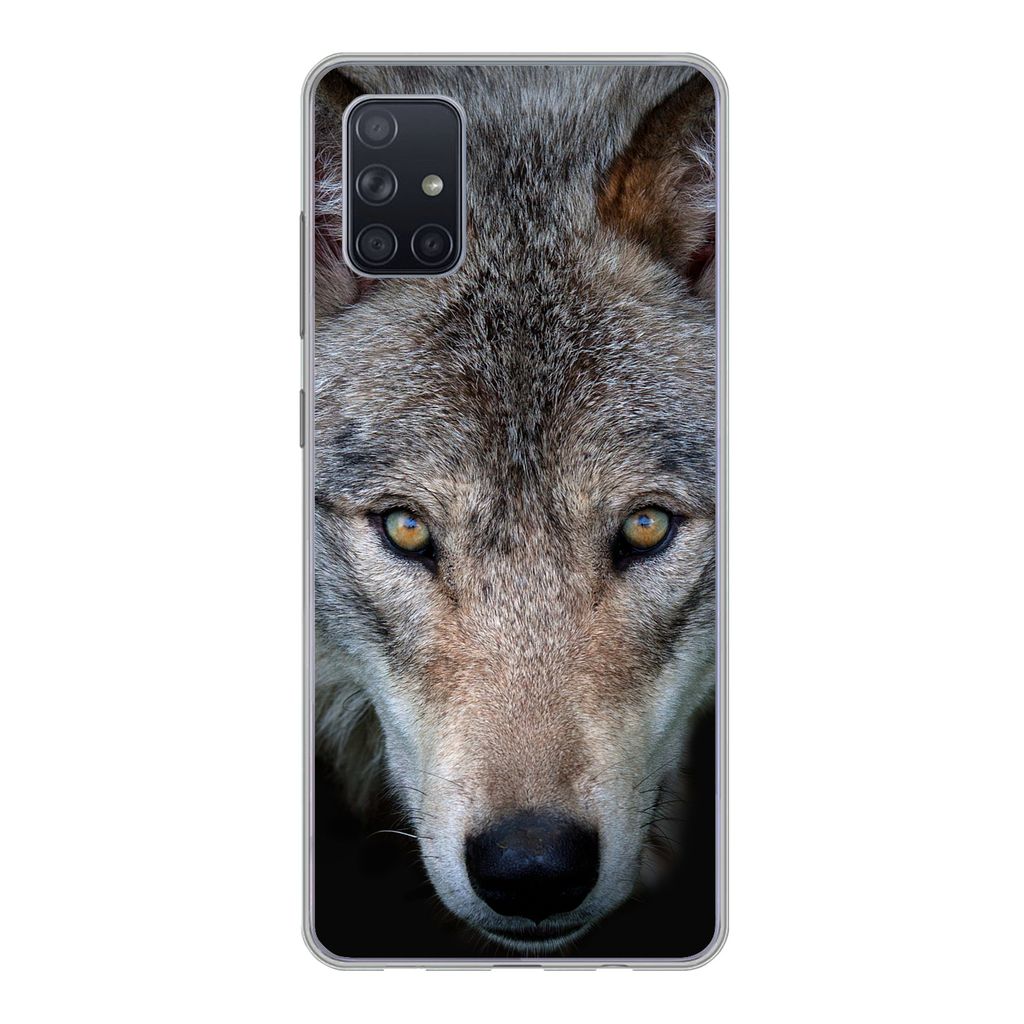 MuchoWow Handyhülle Schutzhülle Hülle für Samsung Galaxy A71 Wolf - Porträt - Schwarz Silikon Softcase Handy Hülle - Kartenbesitzer