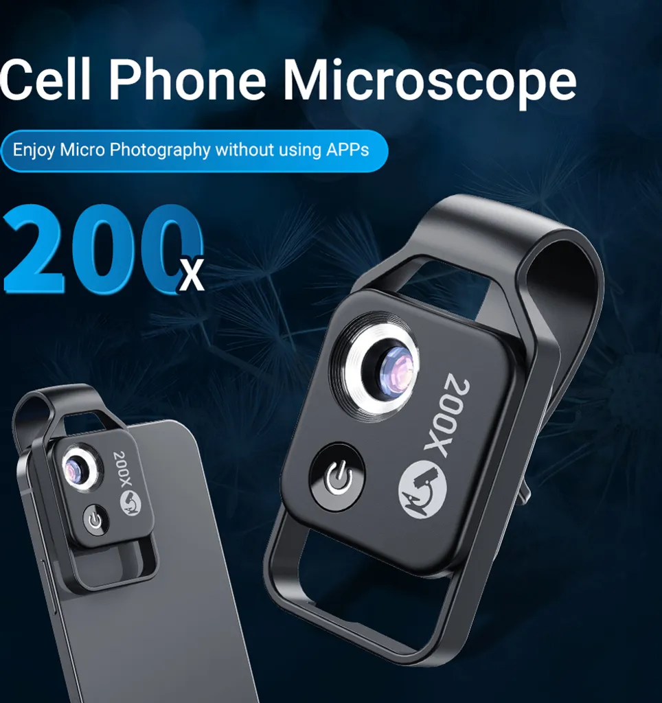 Microscope pour téléphone 200X avec filtre CPL et 6 LED réglables
