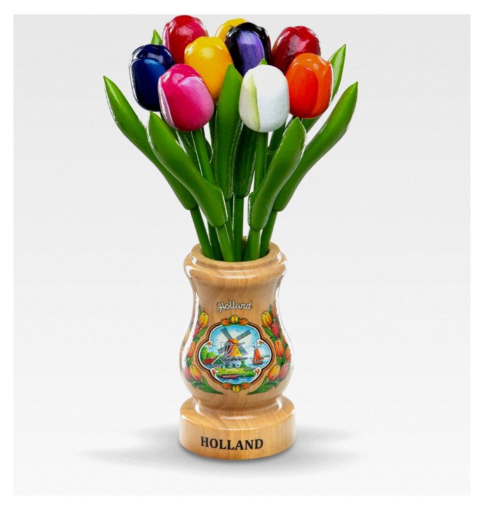 Holztulpen, Holzblumen, Holzdekoration, Kunstblumen in Holzvase, 9 Tulpen, 21 cm, Dekoration, Geschenk, Multicolor