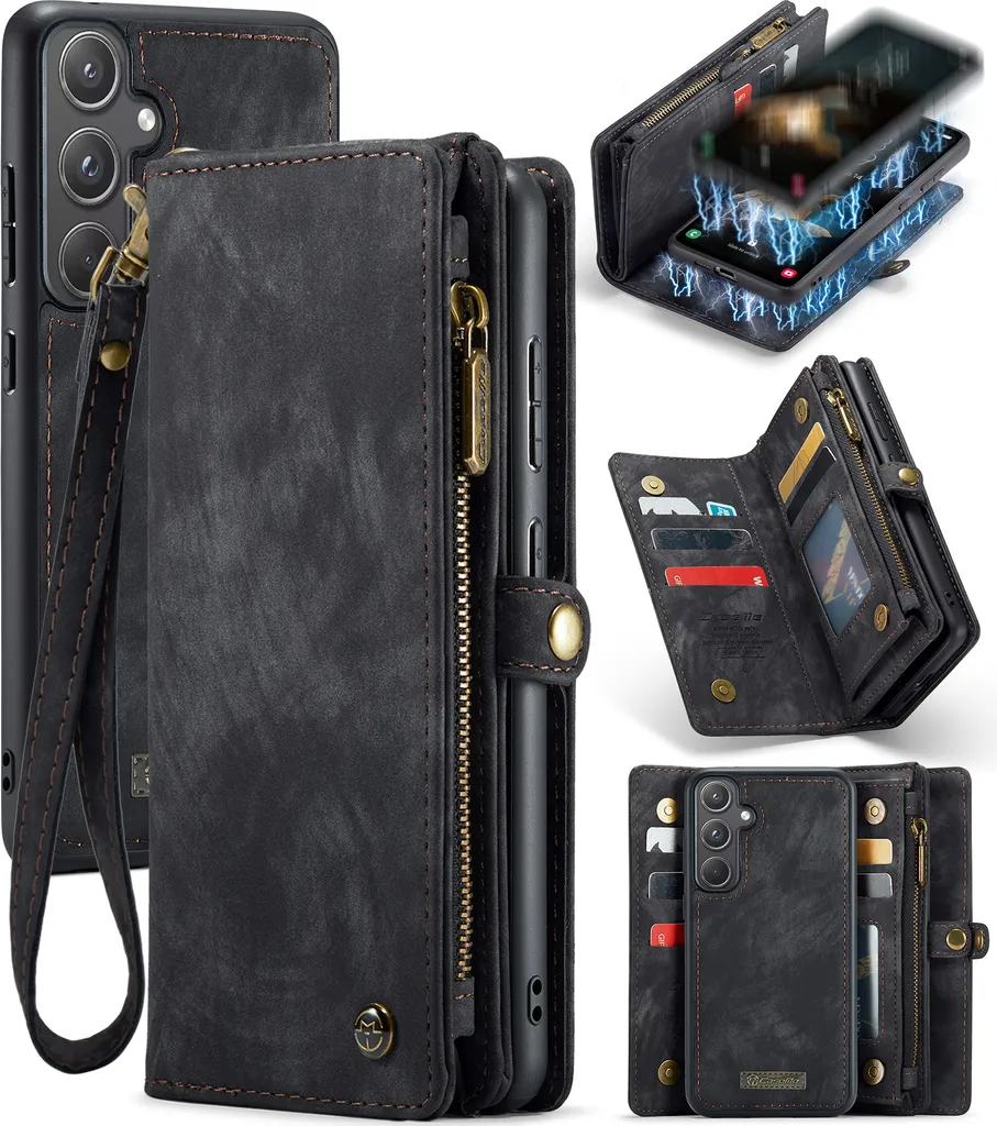 Custodia per Samsung Galaxy A55, Custodia in pelle vintage multifunzionale con slot per schede e cerniera nera