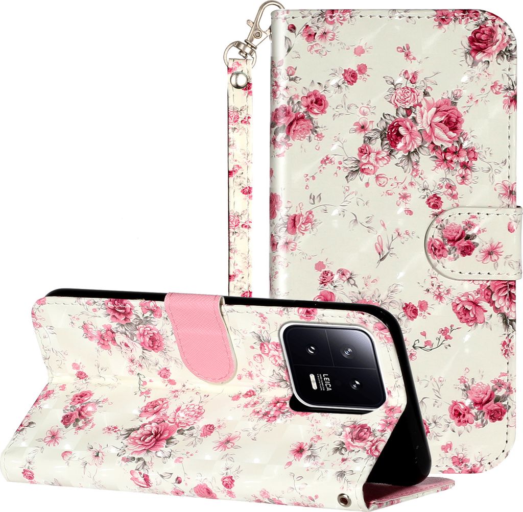 CLM-Tech Hülle kompatibel mit Xiaomi 13 - Tasche aus Kunstleder - Klapphülle mit Ständer und Kartenfächern, Rosen Muster