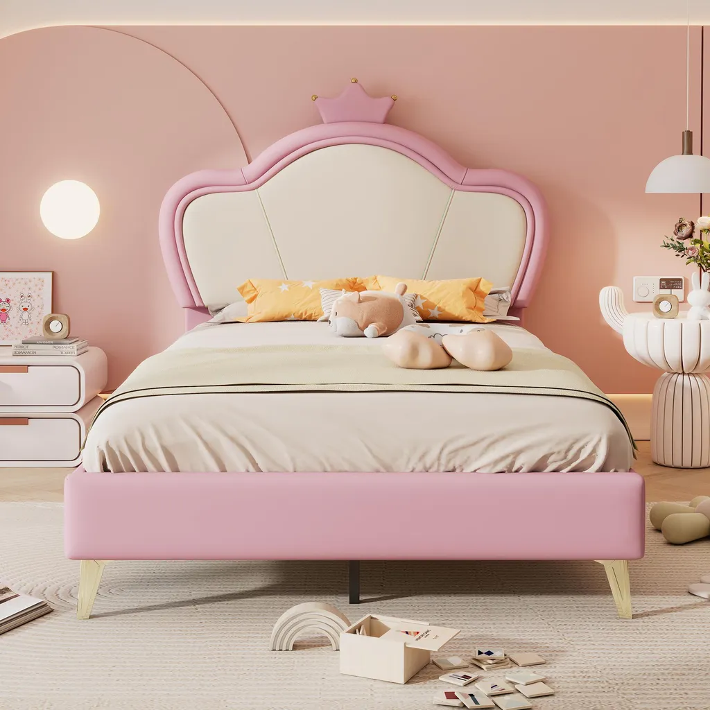 Lit enfant 90x200cm en PU facile à nettoyer rose blanc tête couronne